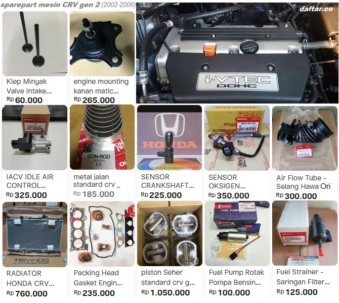 Katalog suku cadang mesin Honda CRV Gen 2: piston, ring seher, blok, paking set, gasket head, pompa bensin, radiator.